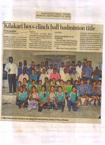 Hindustan times 22 sep 2014 winner of bihar state sub junoir ball badmintion competition with trophy