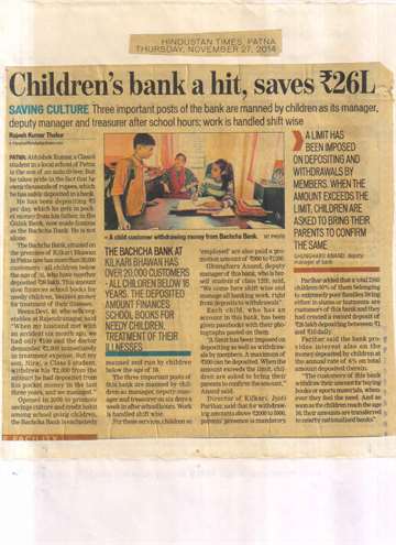 Hindustan times 27 nov 2014 achild customer withdrawing money from bachcha bank in kilkari